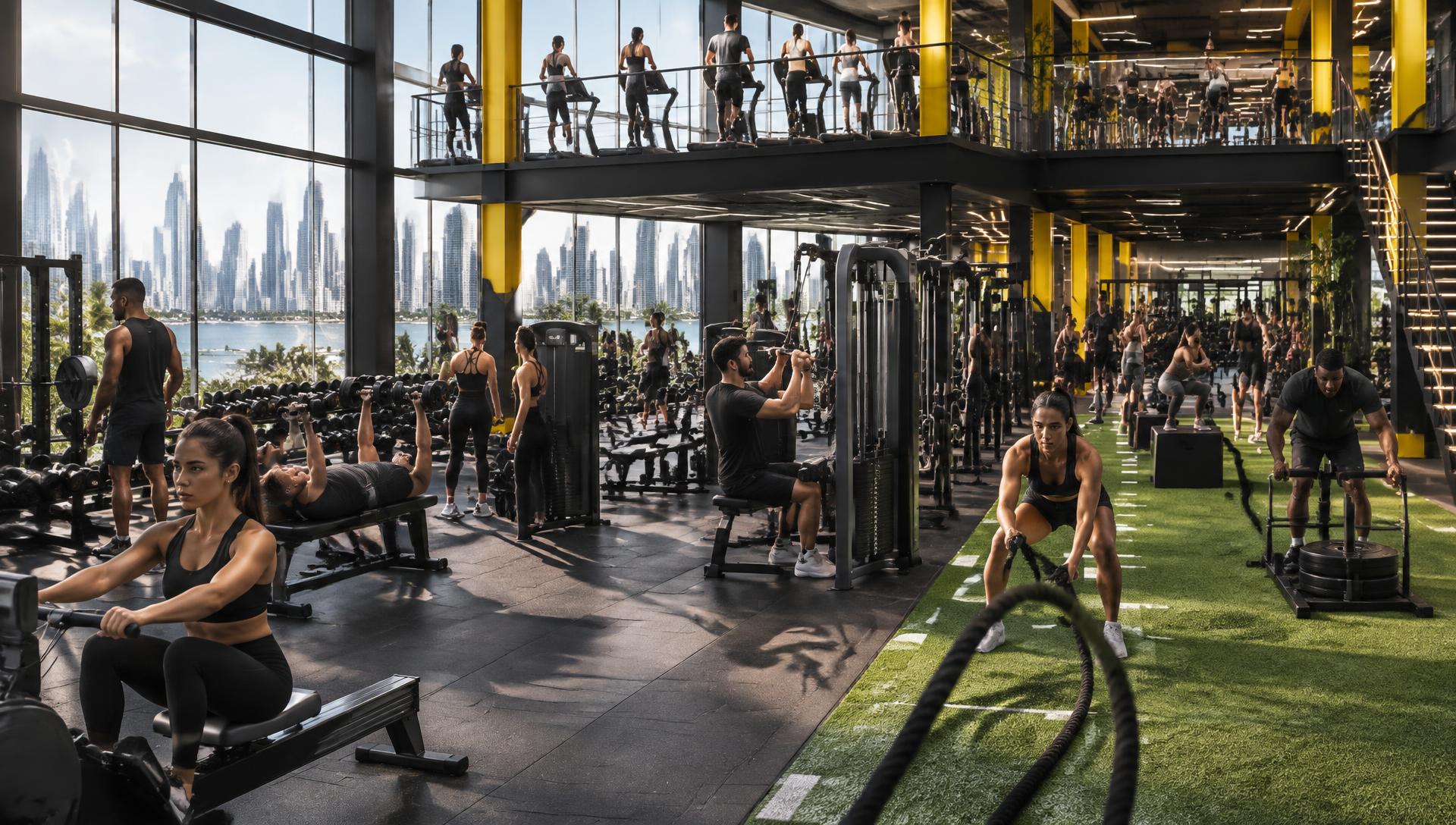 Gimnasio NEXUS amplio con zonas de fuerza, cardio y entrenamiento funcional